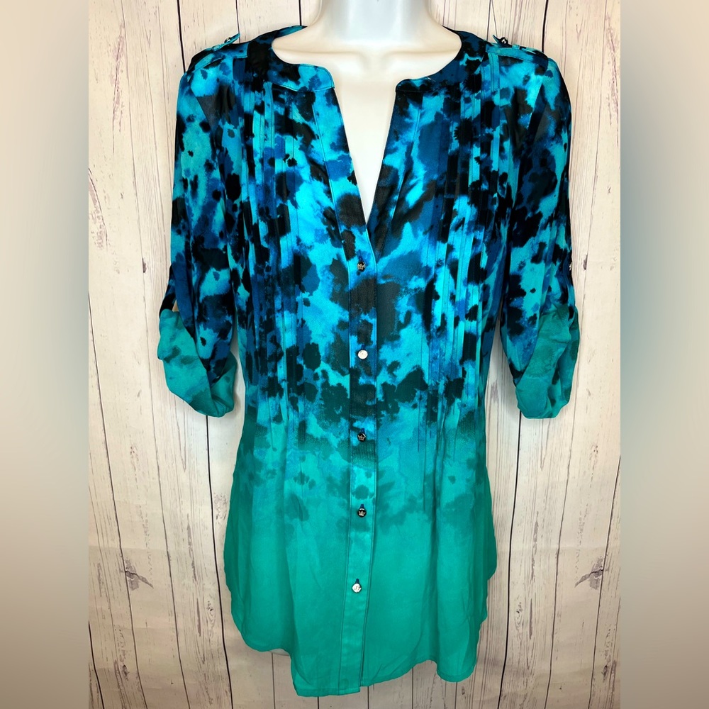 Chaus New York Top Women’s Small Blue Green Button Down Blouse Semi Sheer